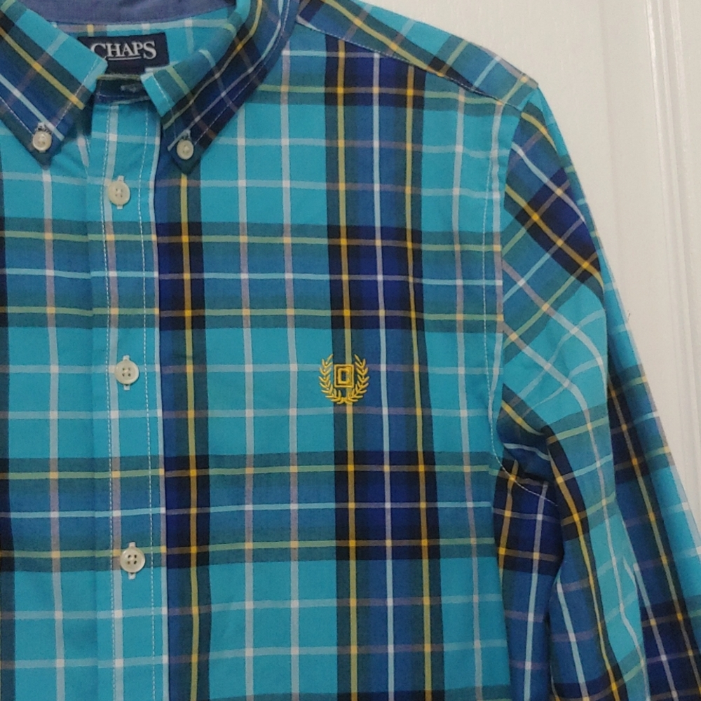 CHAPS Easy Care Blue Plaid Button Down Shirt. Size XL 18-20.